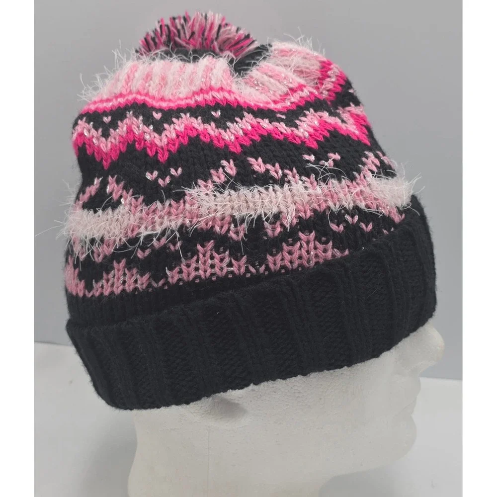 ZeroXposur Beanie‎ Women M/L Black Pink Fair Isle Pom Pom Knit Hat